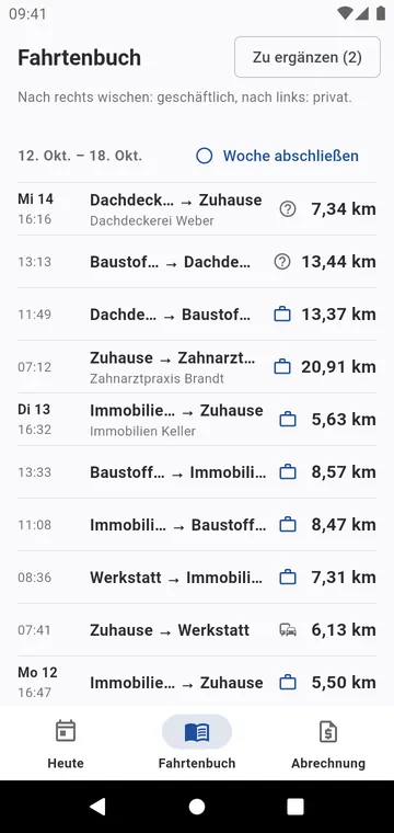 Das Fahrtenbuch, Woche für Woche: nach rechts wischen für geschäftlich, nach links für privat