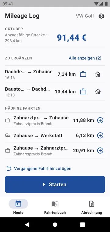Heute: abzugsfähige Kilometer und Betrag des Monats, Fahrten zum Ergänzen
