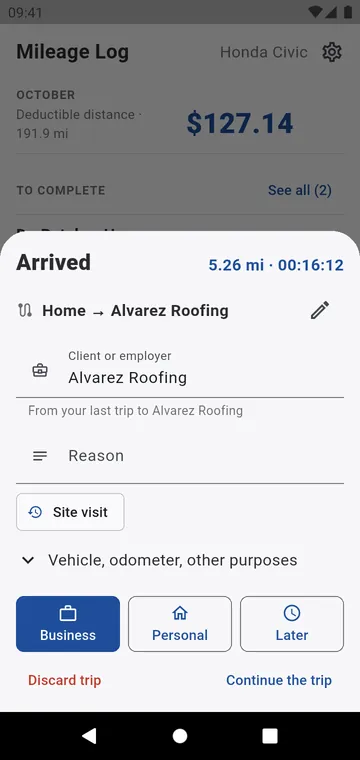On arrival: Business, Personal or Later, client filled in