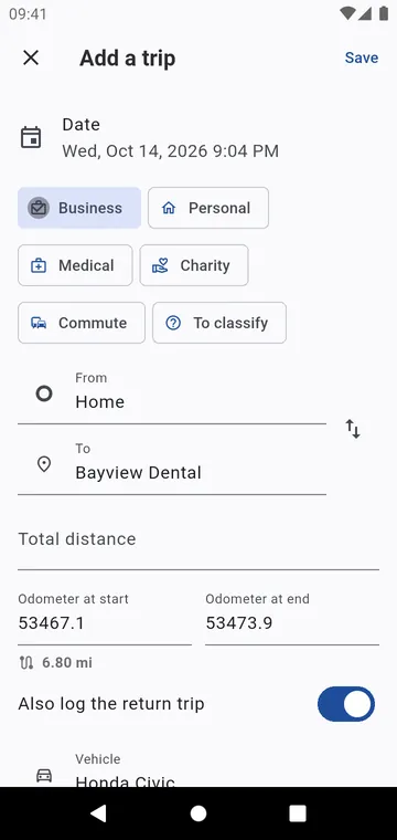 Add a past trip: the odometer picks up from your last trip