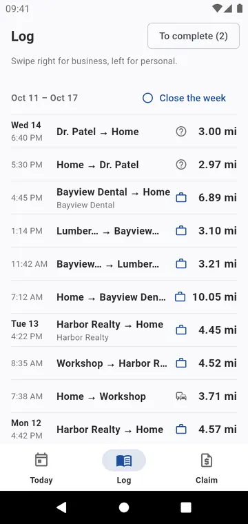 The log, week by week: swipe right for business, left for personal