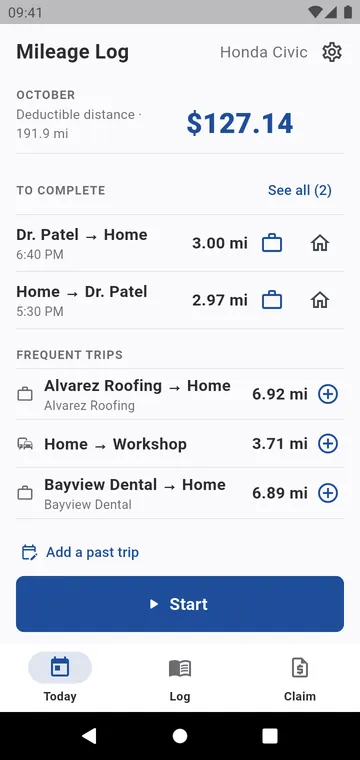 Today: the month's deductible miles and amount, trips to complete