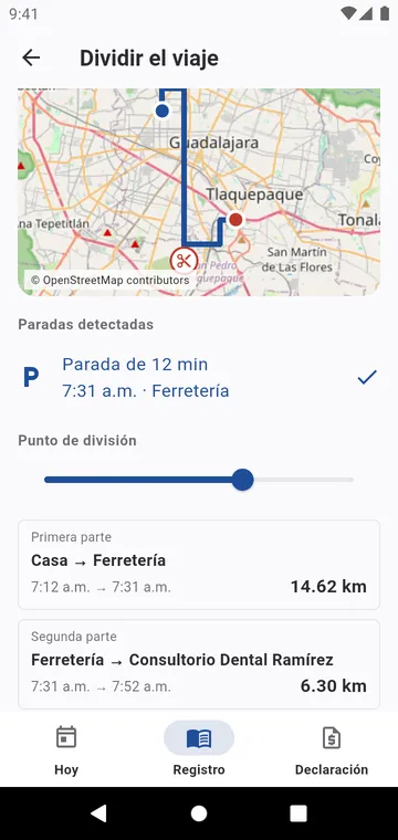 Dividir un trayecto en una parada encontrada en su recorrido
