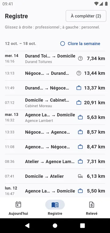 Le registre, semaine par semaine : glisser à droite pour pro, à gauche pour perso