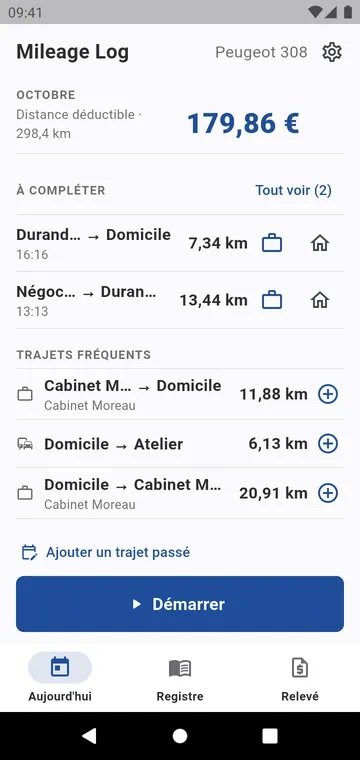 Aujourd'hui : les km déductibles et le montant du mois, les trajets à compléter