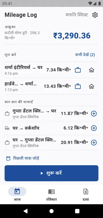 आज: महीने के कटौती योग्य किलोमीटर और रकम, पूरी करने वाली यात्राएँ