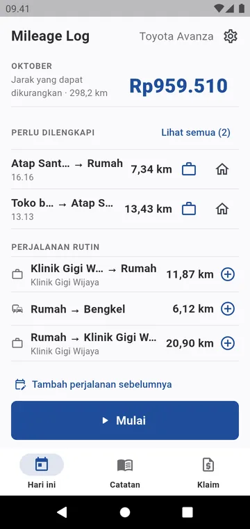 Hari ini: kilometer yang dapat dikurangkan dan jumlah bulan ini, perjalanan yang perlu dilengkapi