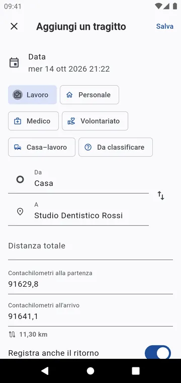 Aggiungere un tragitto passato: il contachilometri riprende dall'ultimo tragitto