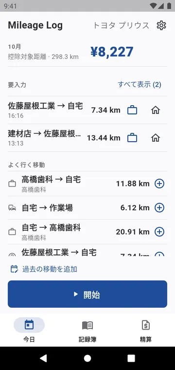 今日：その月の控除対象距離と金額、要入力の移動