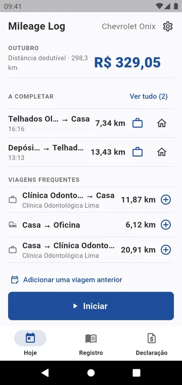 Hoje: os km dedutíveis e o valor do mês, as viagens a completar