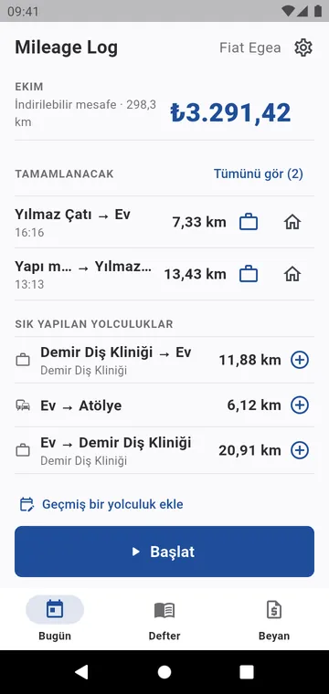 Bugün: ayın indirilebilir kilometresi ve tutarı, tamamlanacak yolculuklar